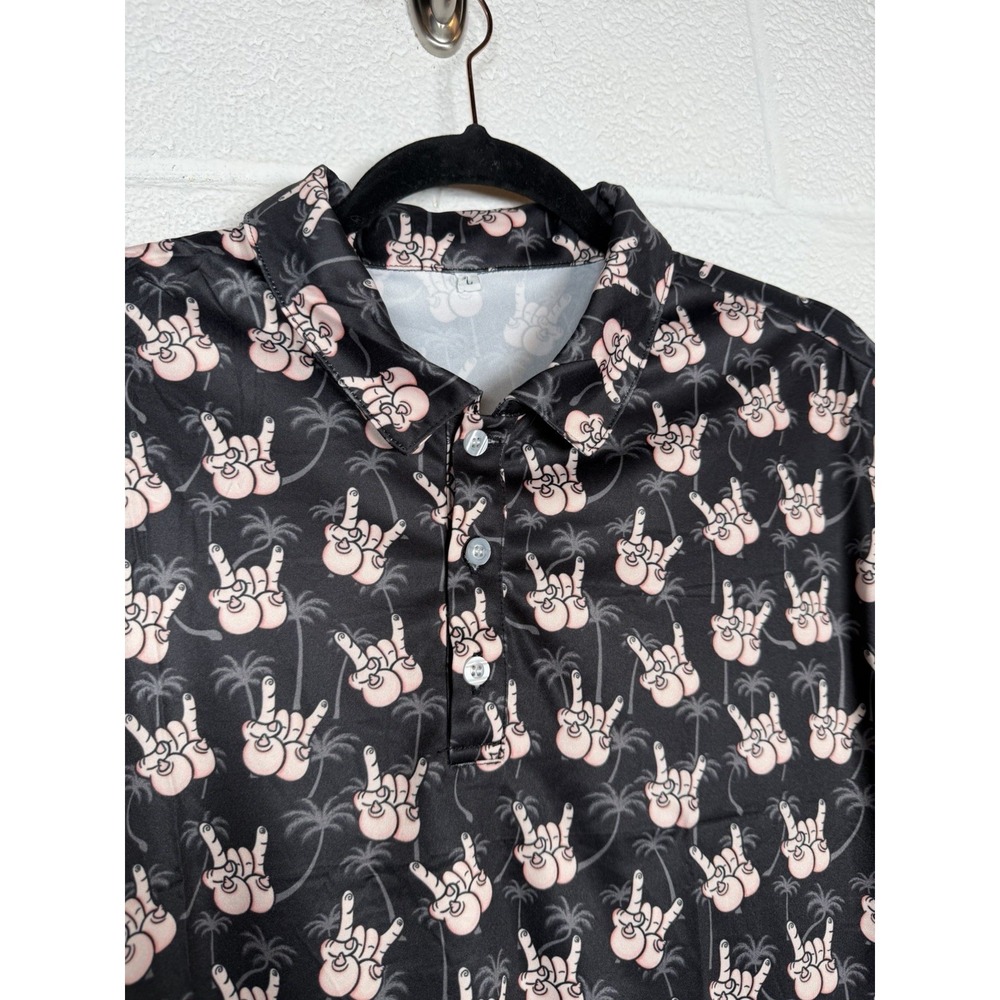 Funny Novelty Golf Polo Shirt Rock On Hand Boob Print Black Stretch Size L